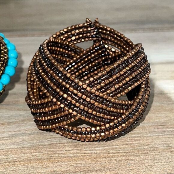 Beaded Wrap Bracelet Lot Women’s Brown And Turquoise Cuff Woven Bangle Bohemian - Picture 2 of 6